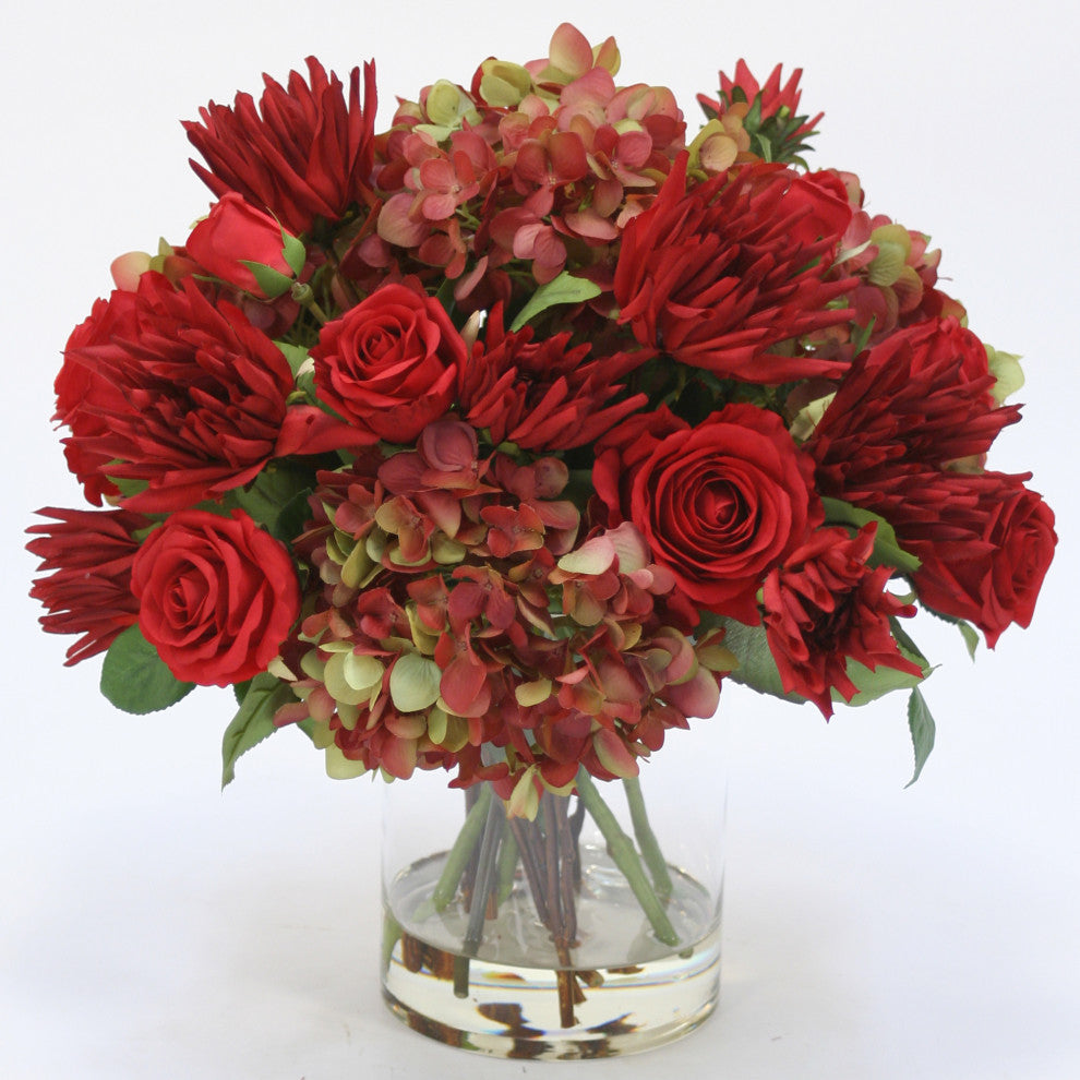 WaterlookÂ® Hydrangea, Red Rose, and Dahlia