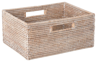 La Jolla Rattan Shelf Basket With Handles, Medium, White Wash