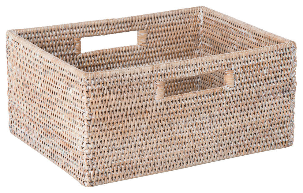 La Jolla Rattan Shelf Basket With Handles, Medium, White Wash