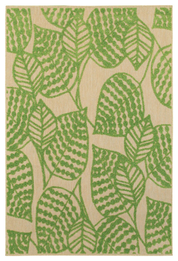 9' X 12' Sand And Lime Green Leaves Indoor Outdoor Area Rug