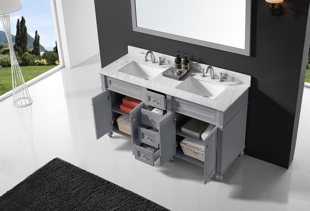 60" Double Bathroom Vanity, Taupe Gray with Carrara White Marble Top