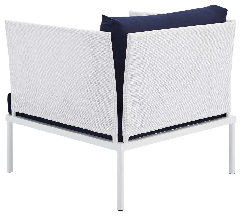 Sectional Sofa Chair Table Set, Sunbrella, Aluminum, White Blue Navy, Outdoor