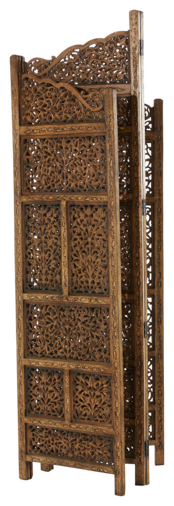 Benzara BM01875 Villa Este Wood Room Divider 4 Panels Carved Screen