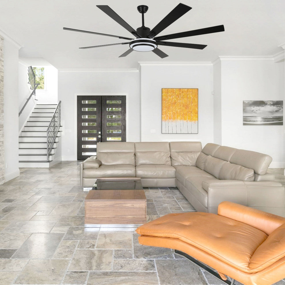 72" Modern Ceiling Fan with Reversible Blades, Dimmable Light and Remote, Black, 72"