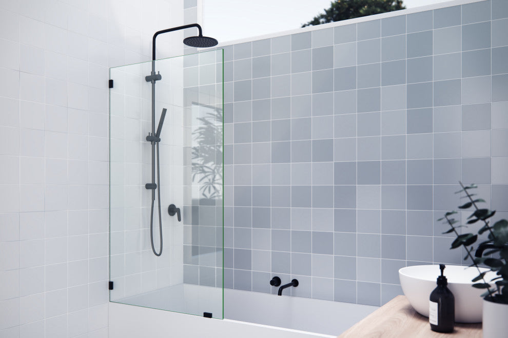 58.25"x34" Frameless Shower Bath Fixed Panel, Matte Black