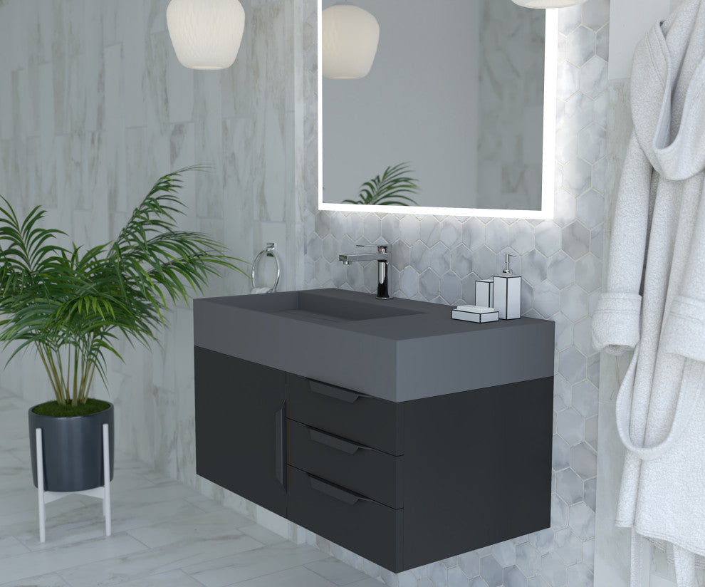 CastelloUSA Amazon 36" Wall Mount Vanity Set, Black, Gray Top, Black Handles