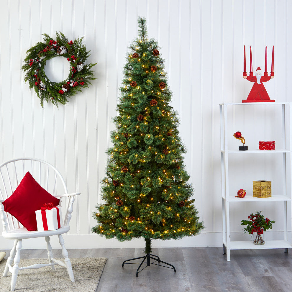 7' White Mountain Pine Faux Xmas Tree With 400 Clear LED Lights and Pine Cones