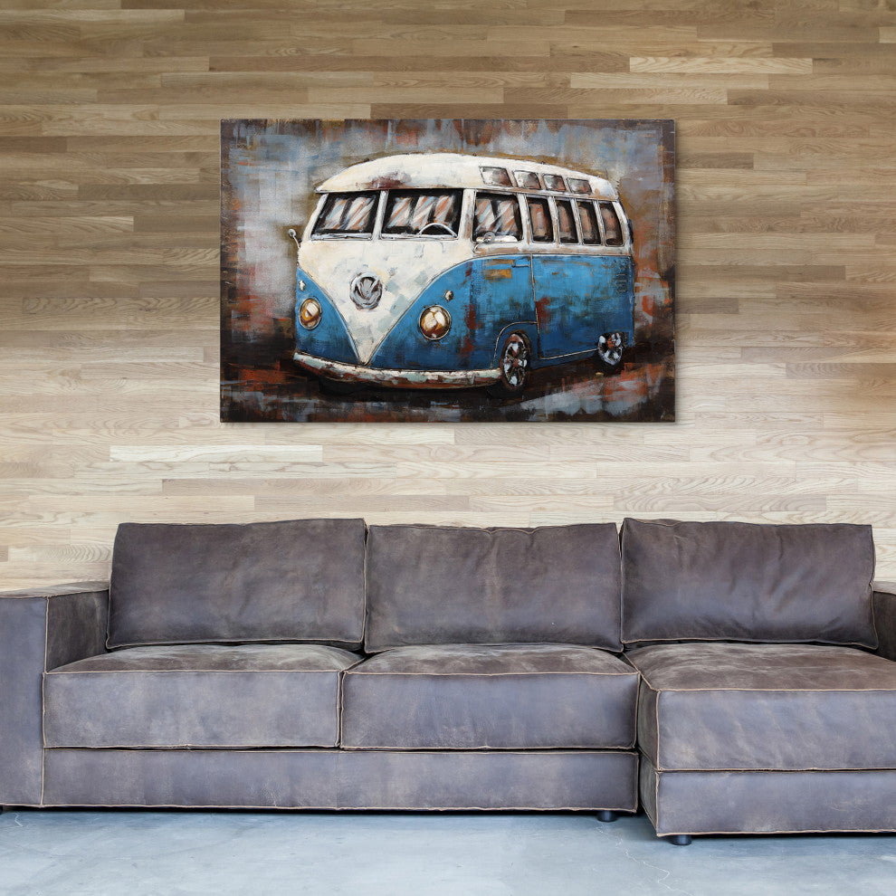 "Blue Bus" Wall Art Mixed Media Iron Hand Painted Dimensional Wall Sculpture