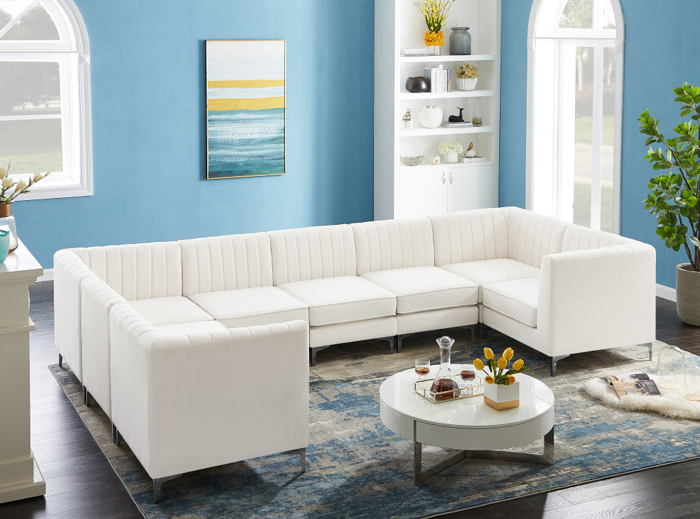 Alina Black Velvet 8-Piece Modular Sectional, Cream, Armless Chair (4), Corner Chair (4) - B