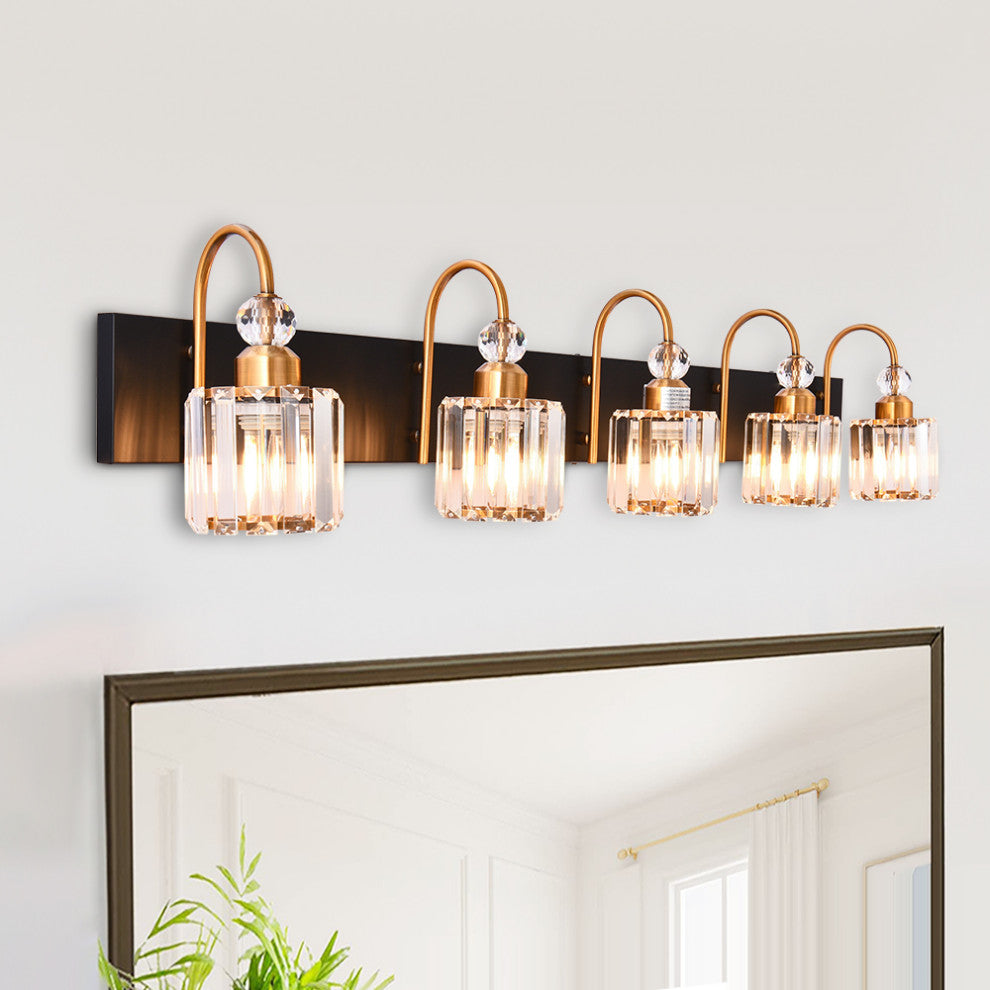 Dimmable Vanity Light With Crystal Accents, Black/Gold, 5 Light