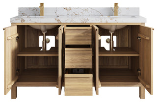 Elizabeth Oak 60" Double Sink Vanity, White 2" Viola Gold