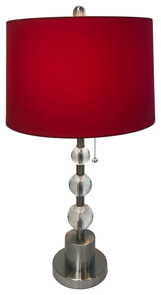 Brush Nickel Lamp with Crystal Ball Accents and Red Shallow Drum Hardback Shade