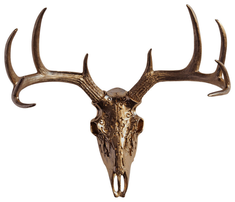 Faux Deer Skull Native American Carving Wall Decor, Bronze
