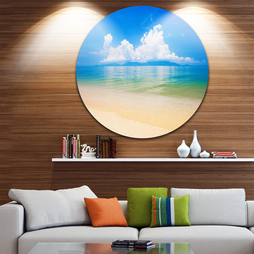 Cloudy Horizon Over Blue Sea, Seashore Photo Round Metal Wall Art, 36"