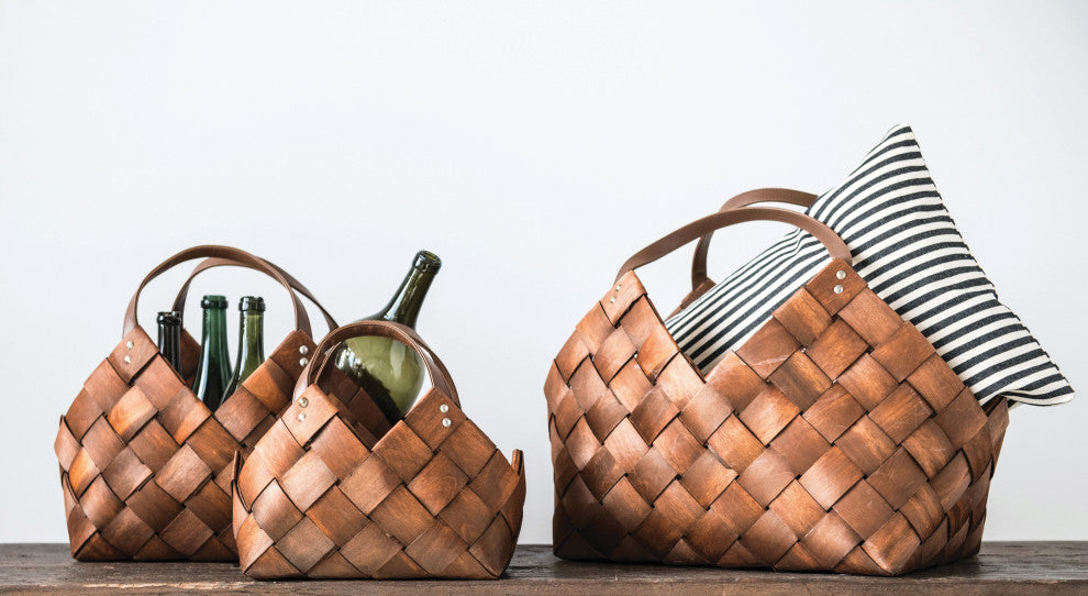 Brown Woven Seagrass Baskets With Leather Handles