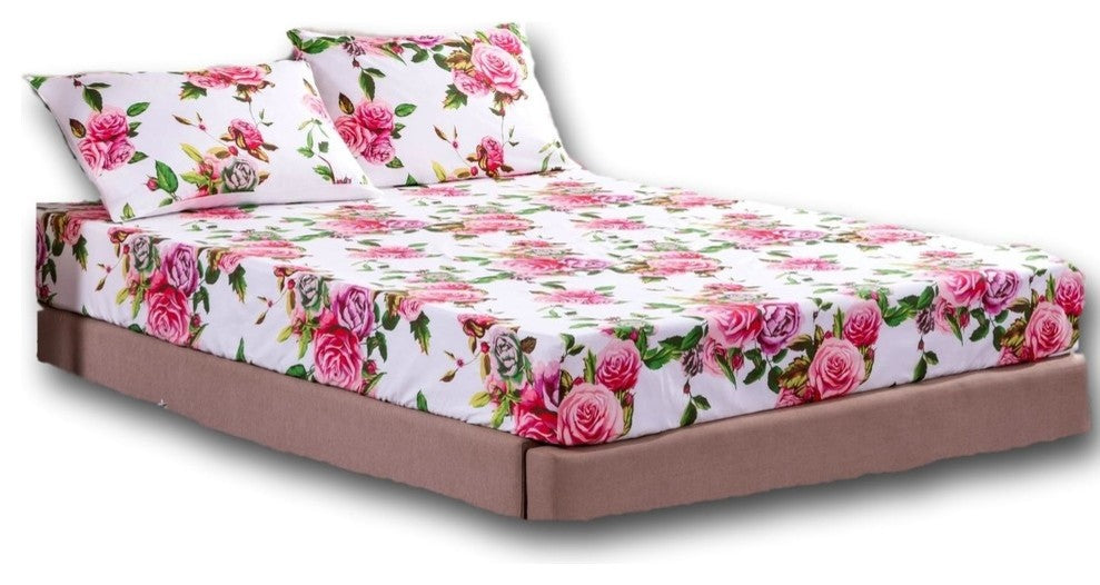 Romantic Roses Lovely Spring Pink Floral Colorful Fitted Sheet Pillow Cases Set