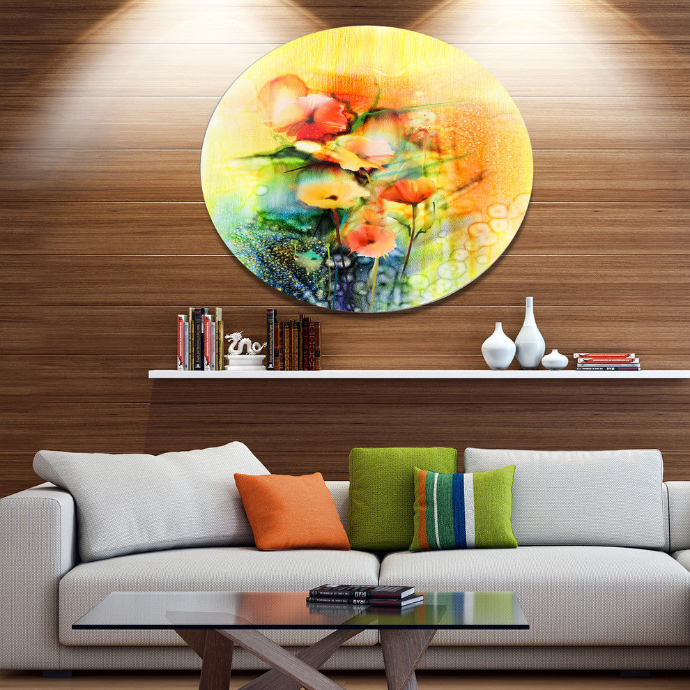 Colored Watercolor Flowers On Yellow, Modern Floral Round Wall Art, 38"