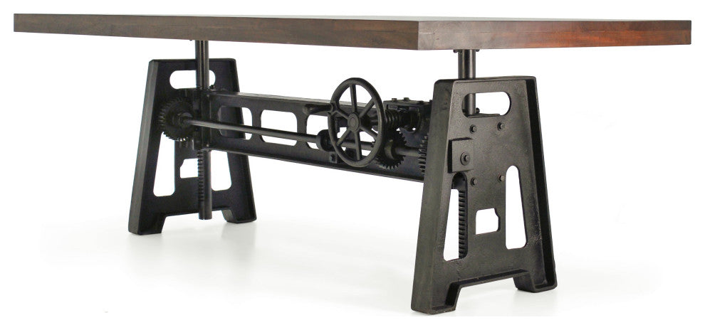 Industrial Dining Table - Cast Iron Base - Adjustable Height Crank - Walnut
