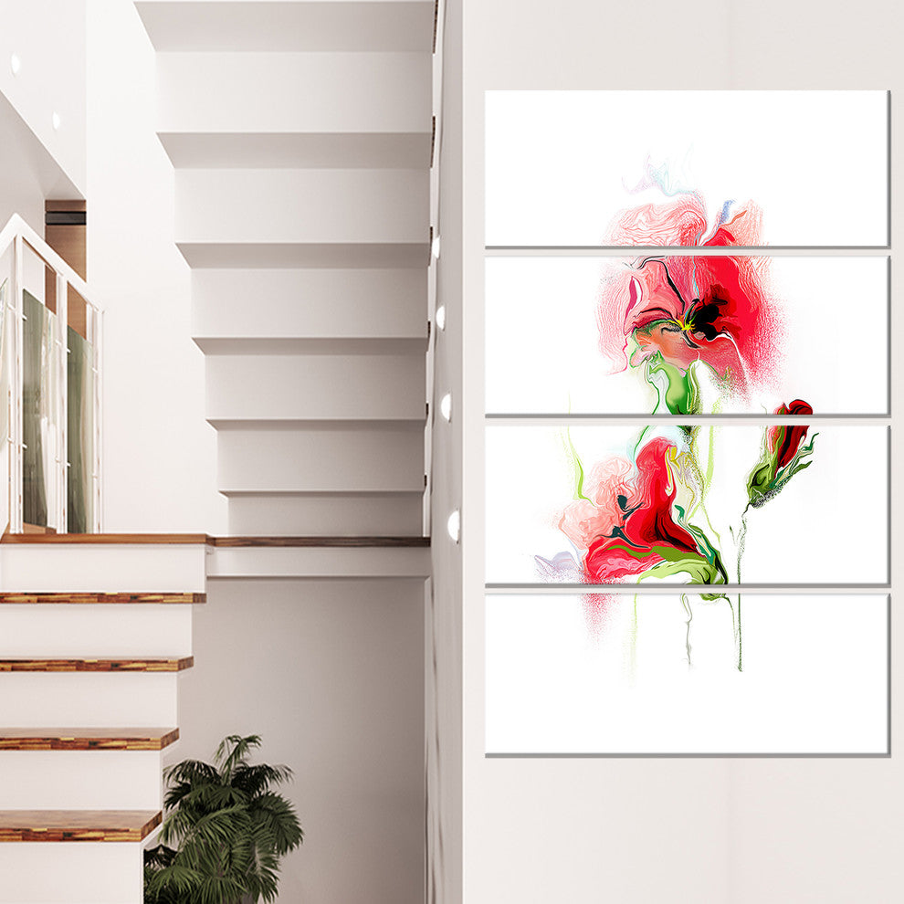 Red Floral Watercolor Illustration, Large Animal Canvas Print, 28"x48", 4 Panels