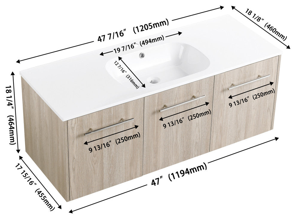 48" Plywood Wall Mounted Bath Vanity Set, Integrated Resin Sink