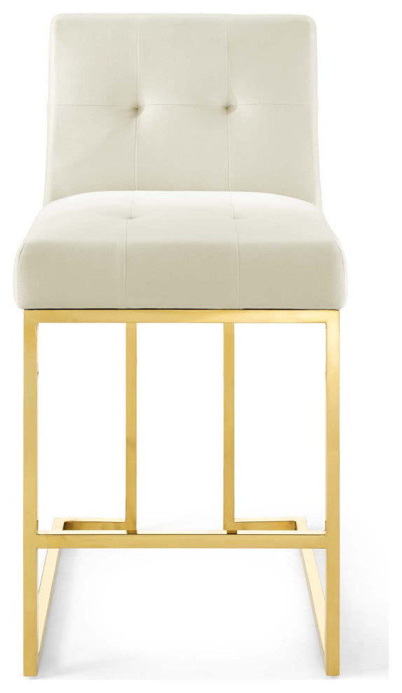 Counter Stool Chair, Velvet, Metal, Gold Ivory White, Modern, Bar Pub Bistro