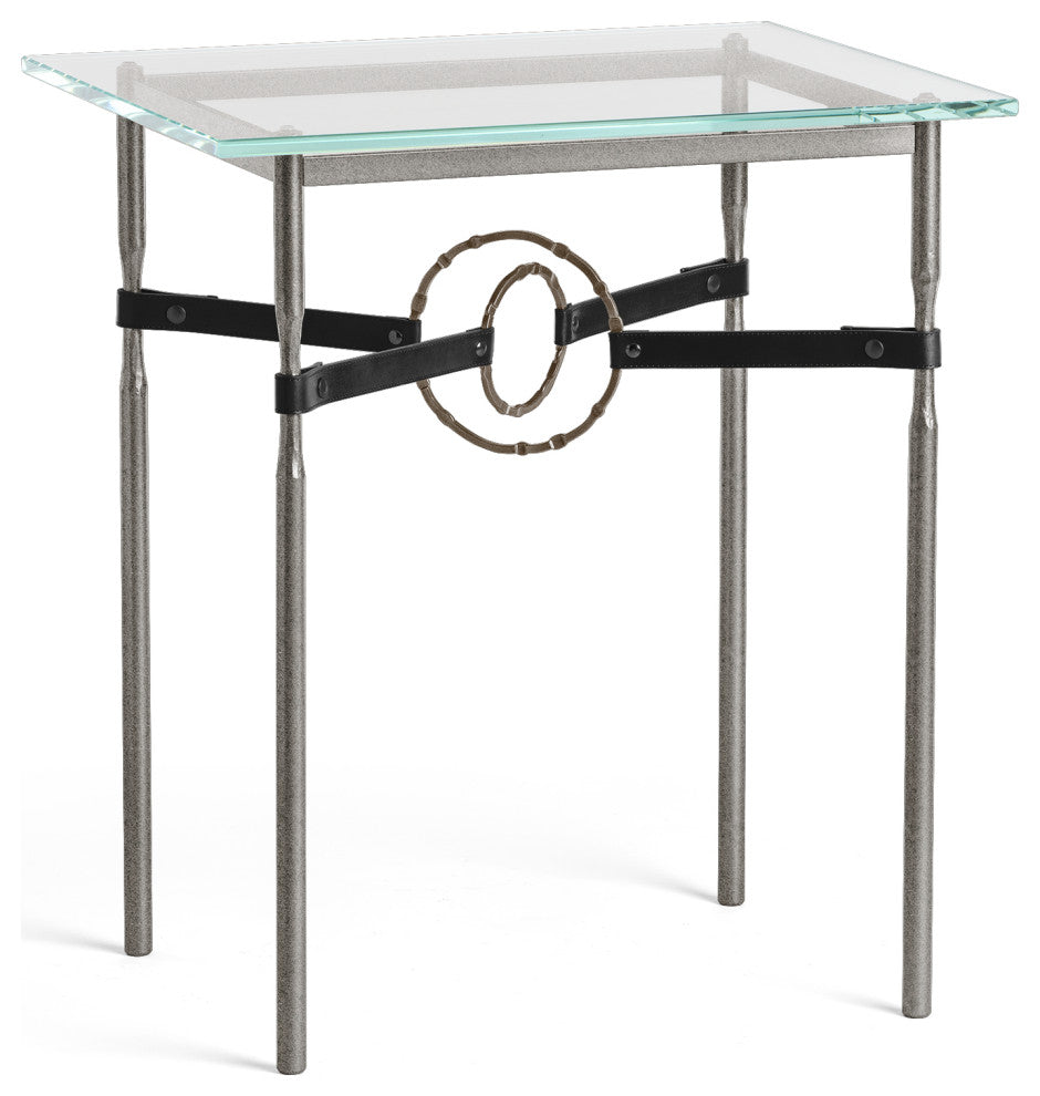 Equus Side Table, Natural Iron Finish, Bronze Accents, Black Leather Strap