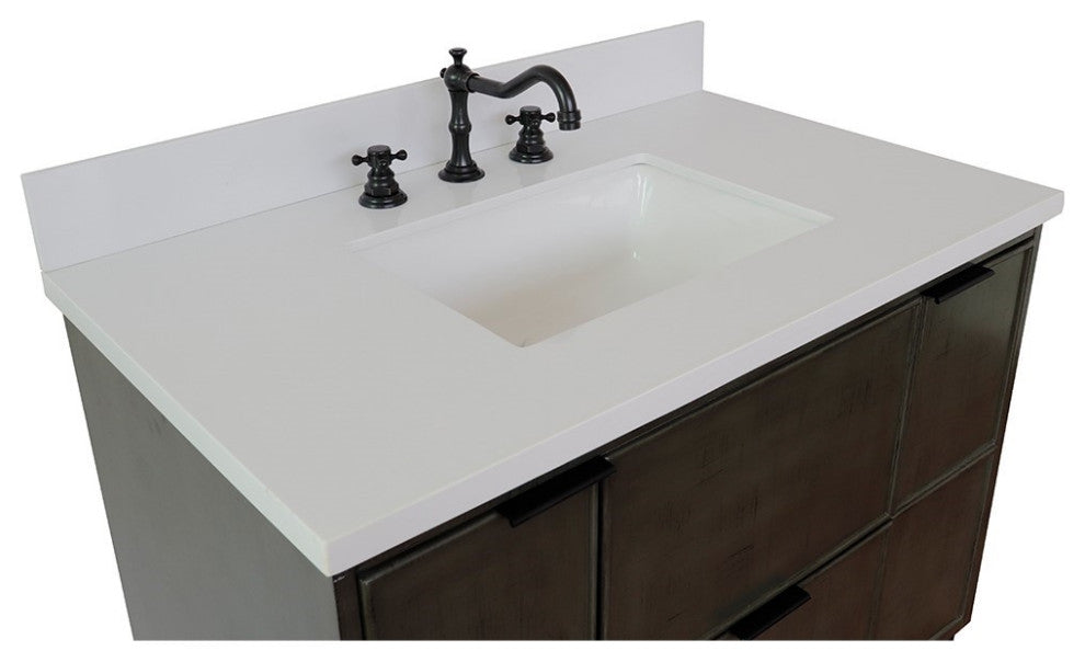 37" Single Wall Mount Vanity, Linen Gray Finish With White Engineered Stone Top