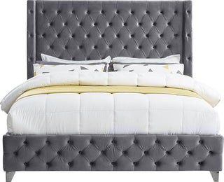 Savan Velvet Upholstered Bed, Gray, Queen
