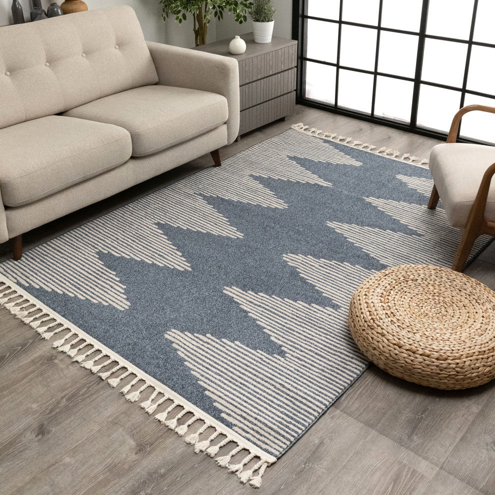 Zipped Tribal Aztec Geometric Area Rug, Denim Blue, 7'10"x10'6"