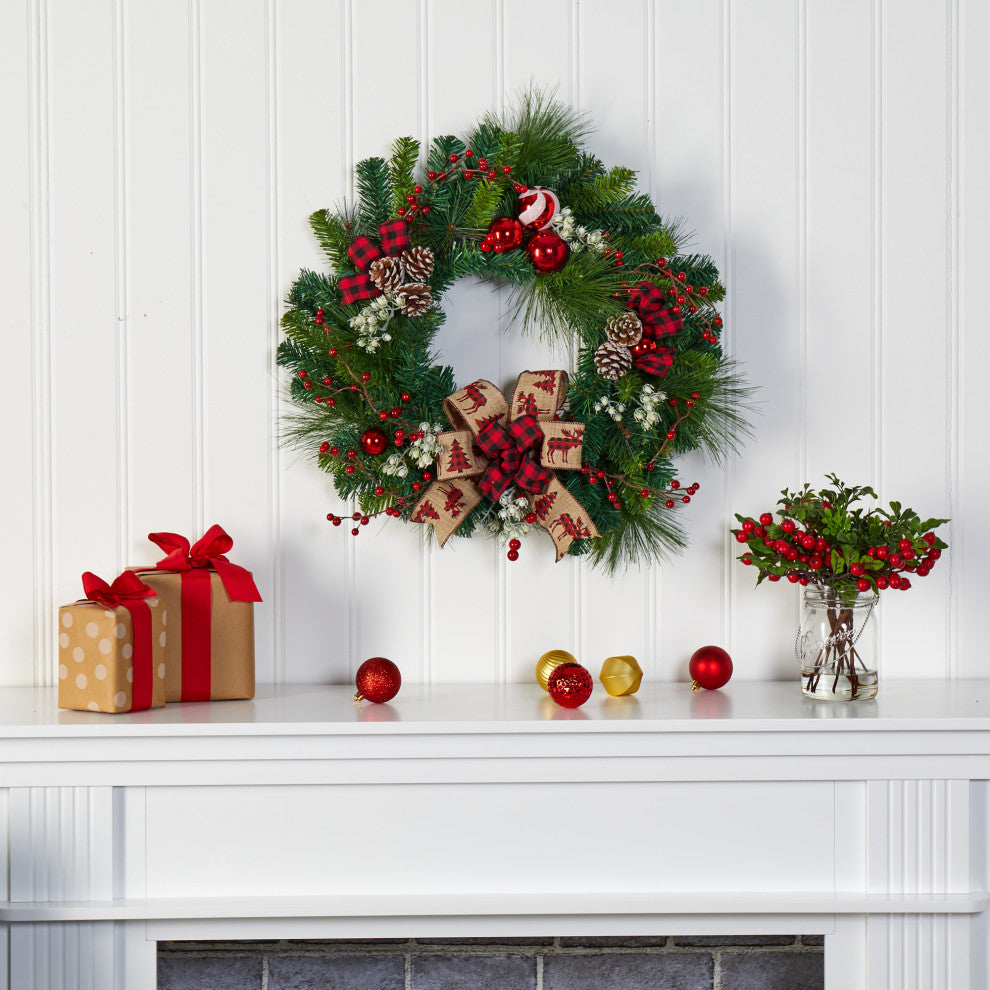 Nearly Natural 24ï¿½Christmas Pine Artificial Wreath / Pine Cones and Ornaments