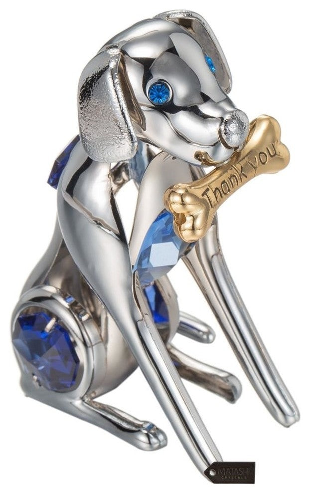 Chrome Plated Silver Dog and Bone With Blue Crystals
