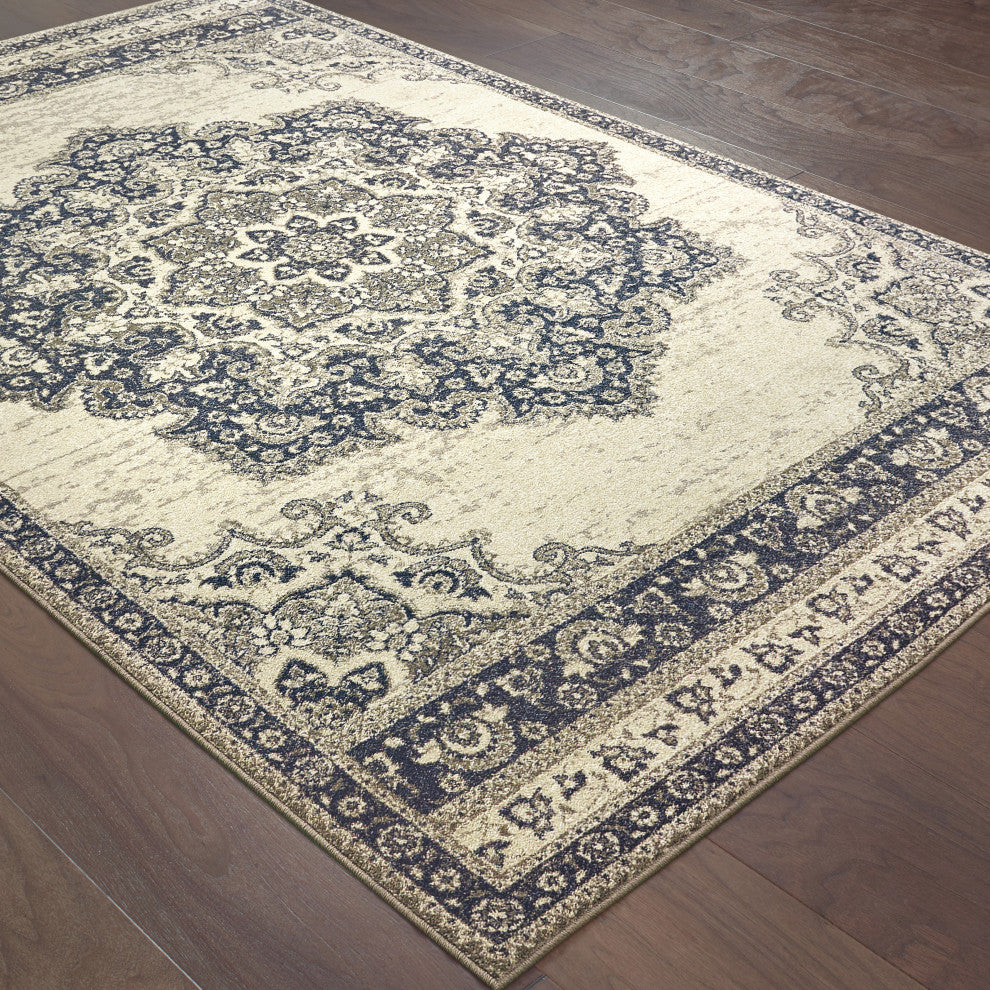 Rowen Medallion Ivory/ Navy Area Rug, 12'x15'