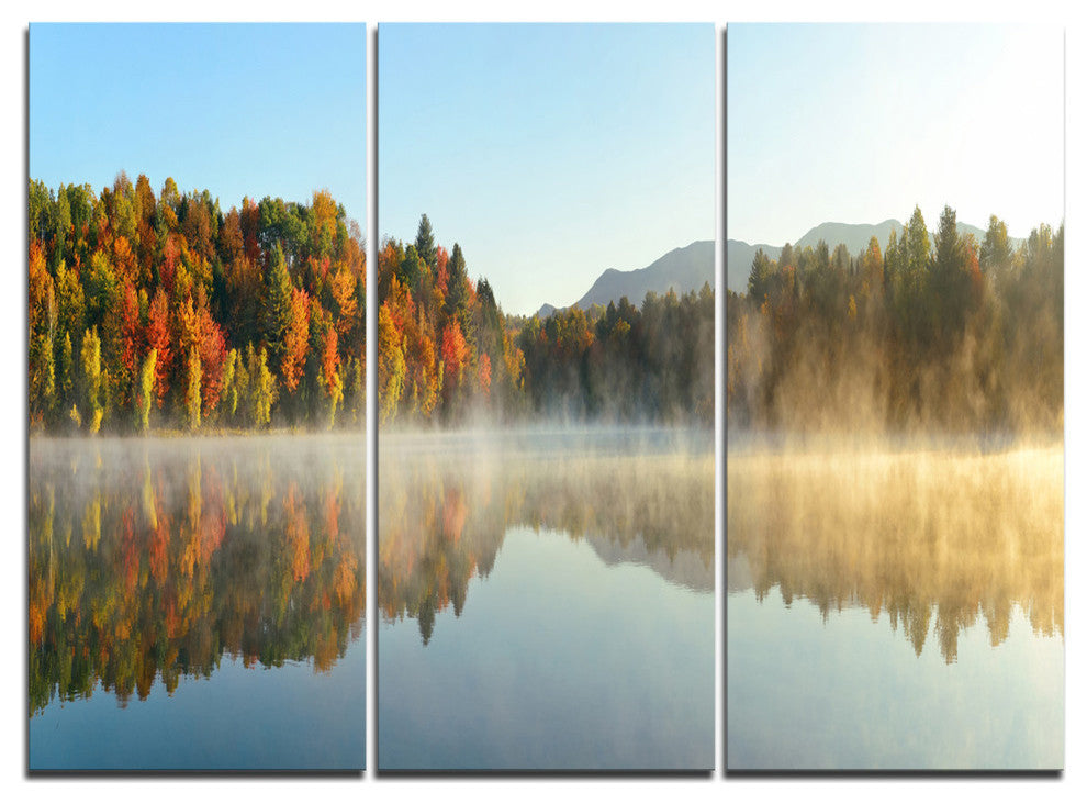 "Lake Autumn Foliage Fog Panorama" Metal Wall Art, 3 Panels, 36"x28"