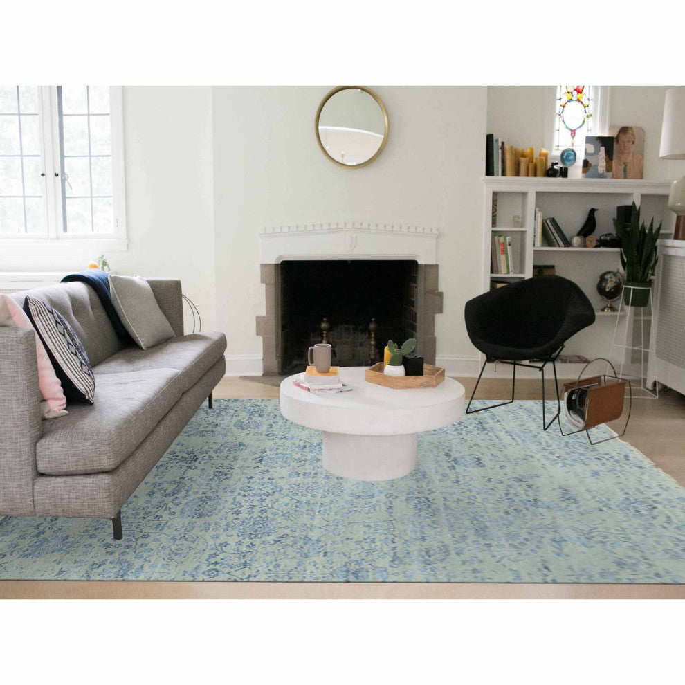 Silver Persian Erased Vase Design Wool and Silk Hand Knotted Rug, 10'0"x13'8"