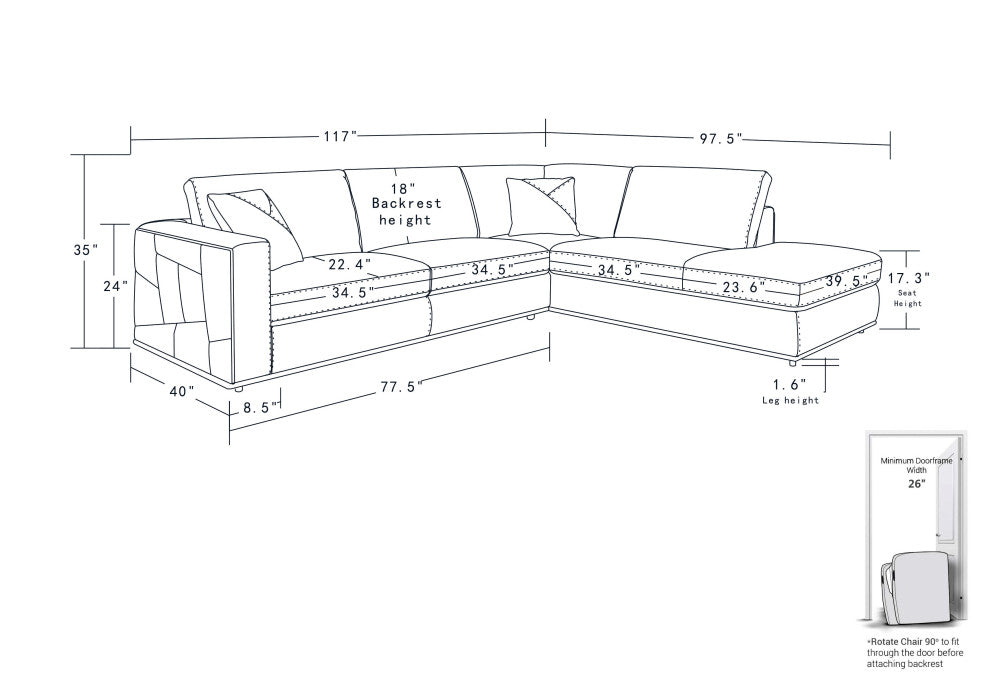 Skylar Genuine Italian Leather Modern Right Arm Facing Chaise Sectional, White
