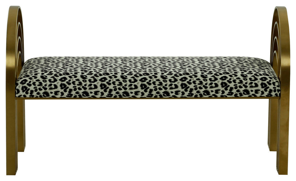 Mavis Velvet Bench, Art Deco Entryway Bench, Glam Luxe Gold Bed Bench, Leopard