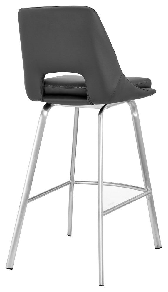 30" Elegant Gray Faux Leather Bar Stool With Stainless Steel Frame