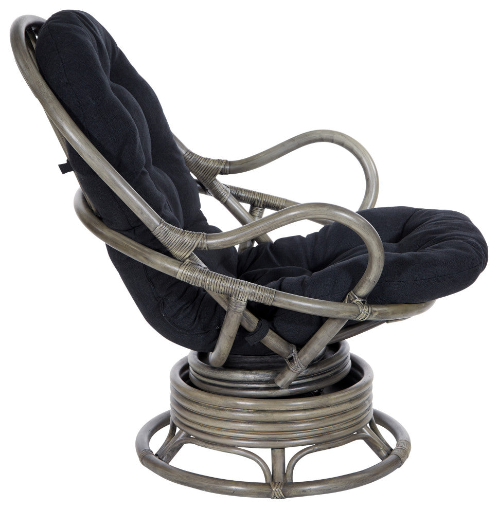 Tahiti Rattan Swivel Rocker Chair, Black Fabric With Gray Frame