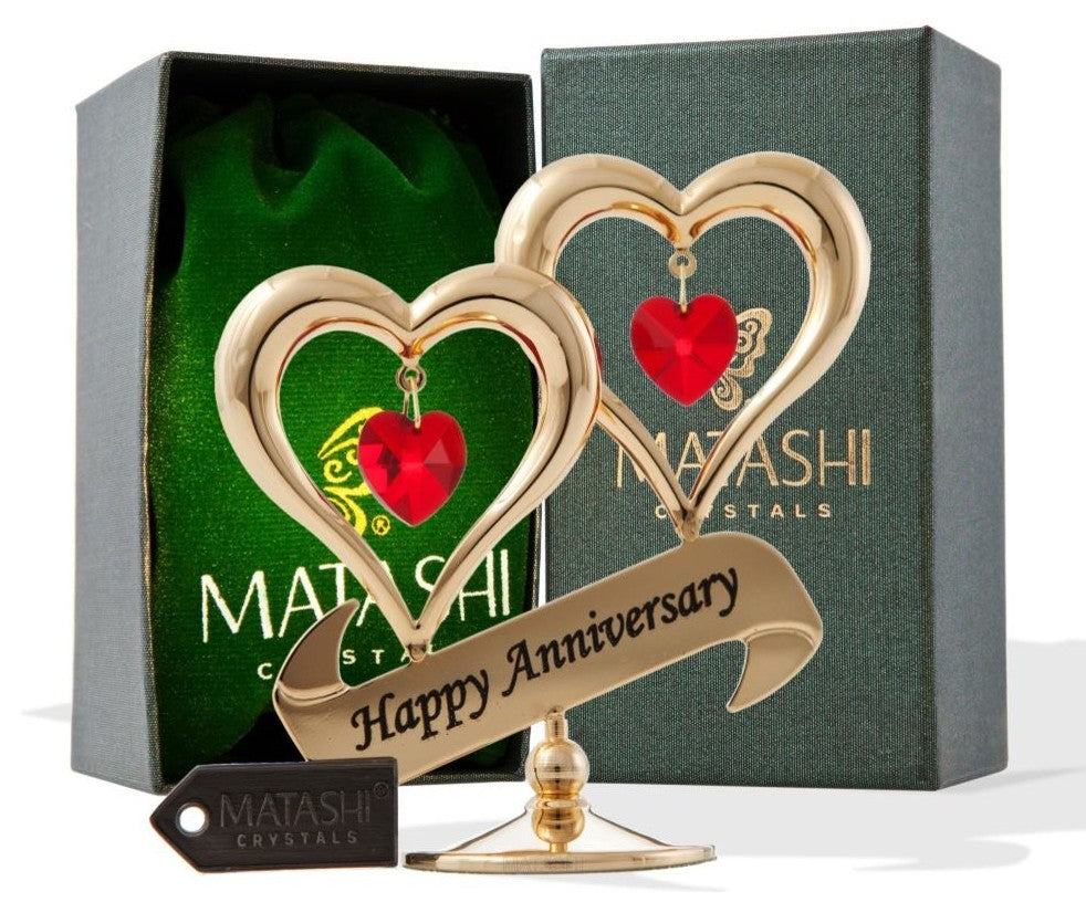 24K Gold Plated Beautiful "Happy Anniversary" Double Heart Table Top Made