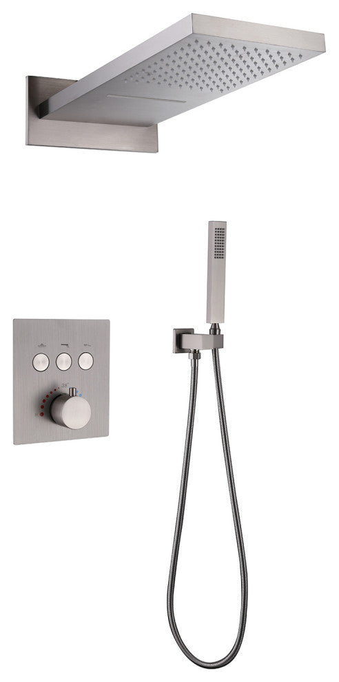 Luxury Thermostatic Shower System with Rough-in Valve & Waterfall Showerhead, Br