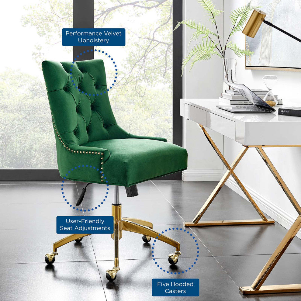 Computer Work Desk Tufted Chair, Velvet, Gold Green, Home Business Office