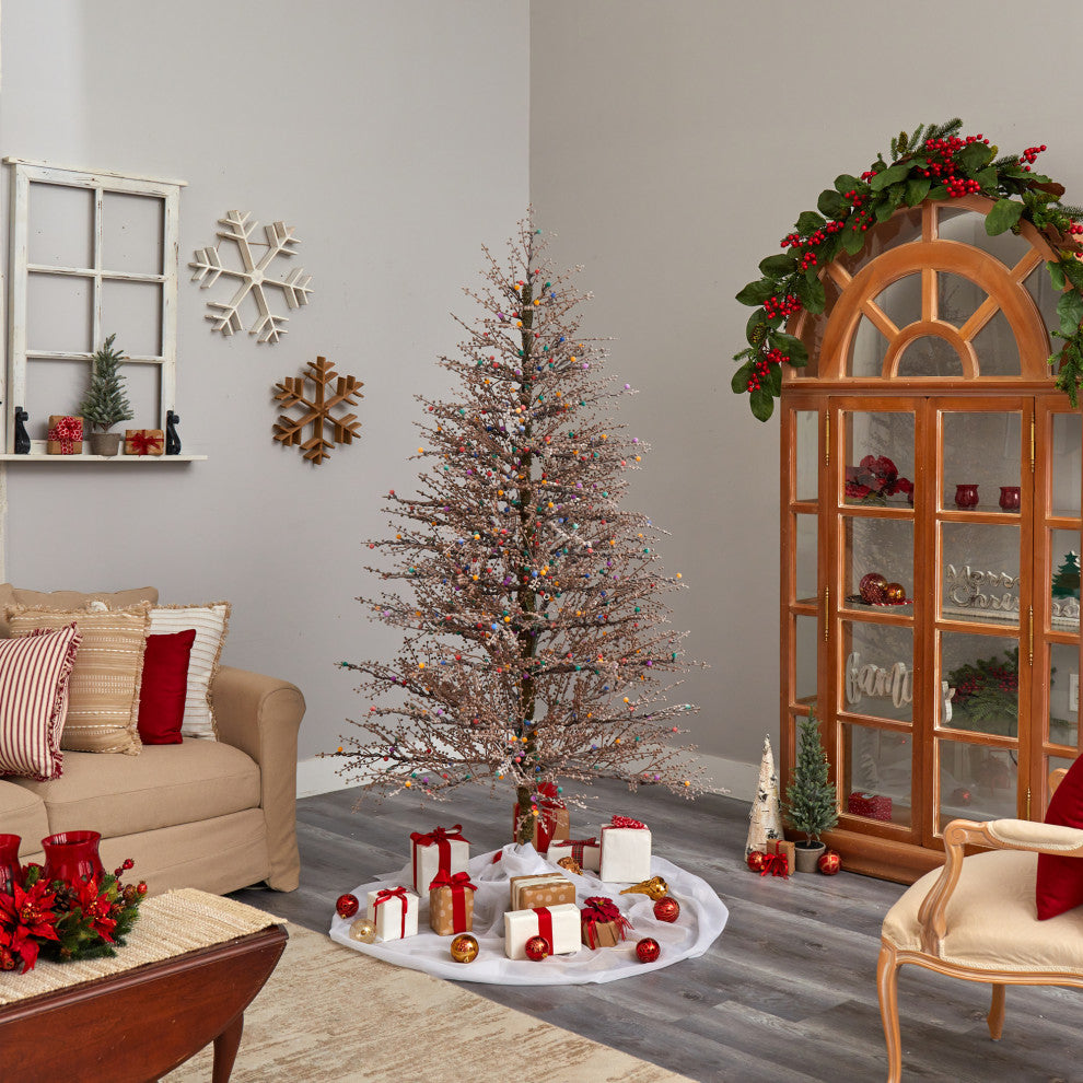 7' Frosted Berry Twig Artificial Christmas Tree With 450 Multicolored LED Lights