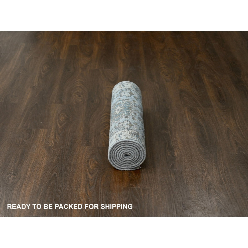 Medium Gray, Karajeh Design, 100% Wool, Hand Knotted, Runner Rug, 2'8"x7'10"