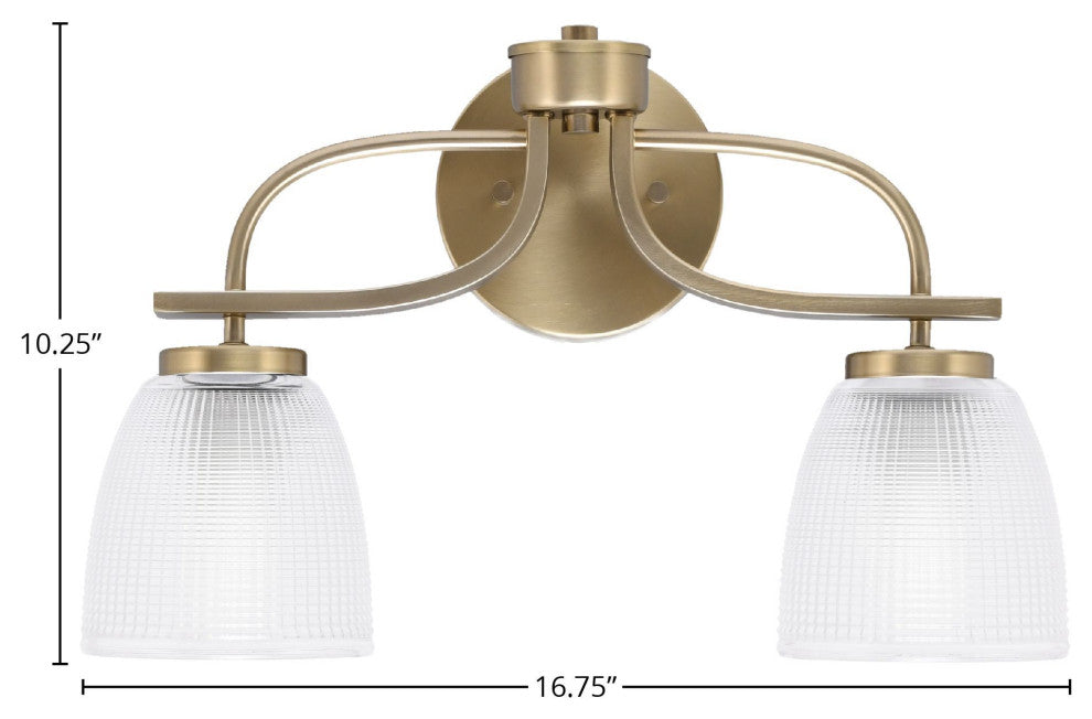 Cavella 2-Light Bath Bar, New Age Brass, 5" Clear Ribbed Glass