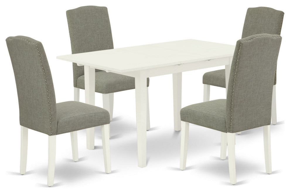 5Pc Kitchen Set, Parson Chairs, Butterfly Leaf Rectangle Table, Linen White
