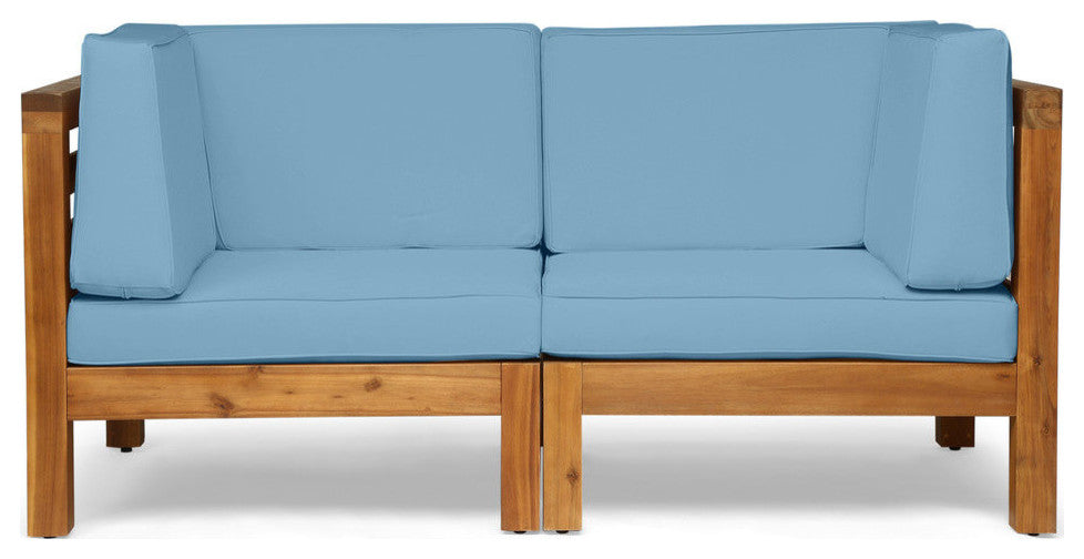 GDF Studio Dawson Outdoor 2-Seater Acacia Wood Sectional Loveseat Set, Blue
