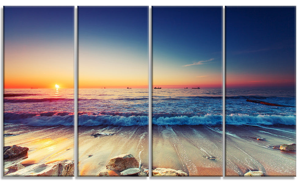 Beautiful Sunrise over Blue Sea, Seashore Canvas Art Print, 48"x28", 4 Panels