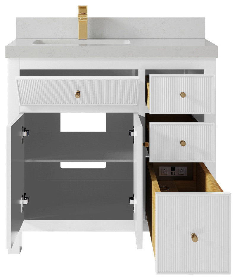 Sonoma 36 Left Offset Reeded  Bath Vanity in White 2" Carrara Quartz