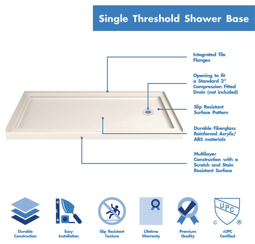 Single Threshold Shower Base, Biscuit Color, Right Hand Drain