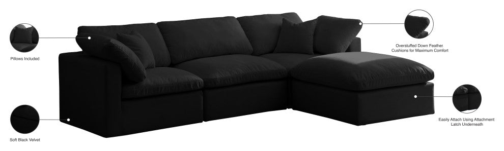 Plush Velvet / Down Standard Comfort L-Shaped Modular Sectional, Black, 5-Piece: 2 Armless Chair, 2 Corner Chair, 1 Ottoman